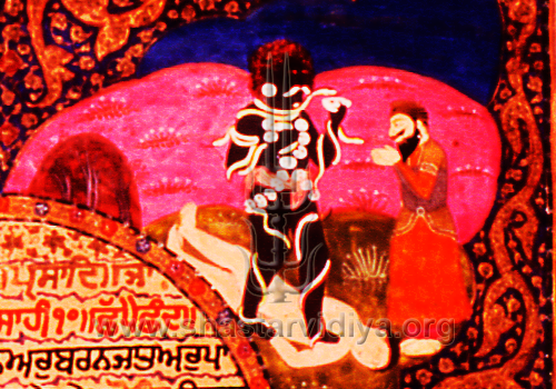 This 19th century image from a Dasam Guru Granth Sahib manuscript depicts Guru Gobind Singh worshipping the personified from of the Sakt (source of Adi Shakti) Mahakal, in his most horrific form as Bhairo. The Sakt on earth is represented by the Khanda (double-edged sword) which is in turn personified in the form of Mahakal. The ignorant revisionist-informed Sikhs construe such concepts as anti-Sikh