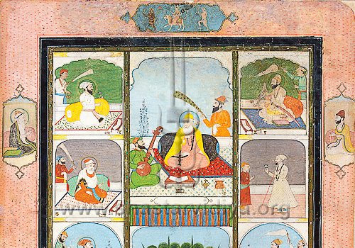 Manuscript illustrating the Sikh Gurus. A detail to note is the image above Guru Nanak (centre) depicting Hanuman, Chandi, and Rudra, early 19th century, Delhi Museum
