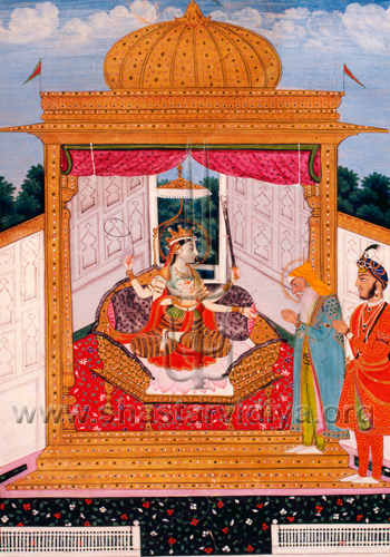 Like all past Sikhs the great Sikh ruler of the 19th century Maharaja Ranjit Singh was devotee of the primordial power the mother and guardian of the universe. In this image he is seen alongside Hira Singh paying homage to the personified from of the sword - Chandi, and was commissioned by Ranjit Singh himself, 18th century, Delhi Museum