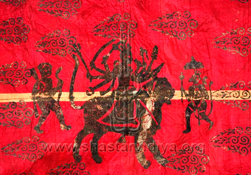 Image of the mother of the world Chandi seated upon her steed; found on a 19th century Sikh battle standard of Ranjit Singh's army. The embroidery of such images of Hindus deities Chandi, Hanuman, Rudra, etc. on battle standards was a common feature in the pre-revisionist Sikh world