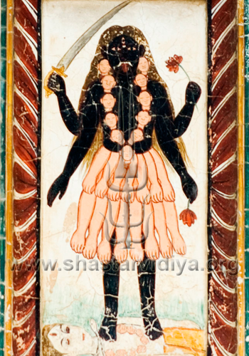 The Uardant (grimacing) mother Kali, devourer of evil, fresco, Dehradun, India