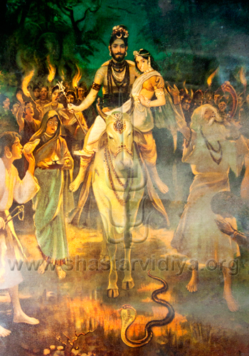 Shiva, seated on Nandi, the bull and his wife Parbati