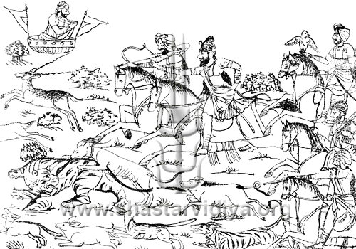 Sketch depicting Guru Gonbind Singh hunting with his warrior Sikhs, circa mid 19th century, Punjab