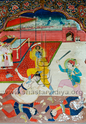 The unstoppable Krishna wielding an elephant tusk, from a elephant he had just defeated. He is depicted taking his evil uncle Kansa by the hair and killing him. Krishnaâ€™s older brother Balram is also seen wielding a Khanda sword and a tusk, fresco, Patiala, Punjab