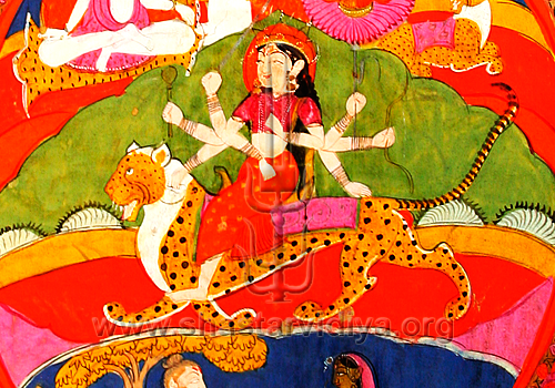 In this Dasam Guru Granth Sahib manuscript the guardian of Sanatan (timeless) Dharma (Chandi) is shown mounted on a leopard