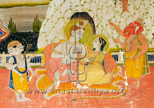 Shiva, his consort Chandi, together with their sons, Kartikeya and Ganesh, fresco, Patiala, Punjab