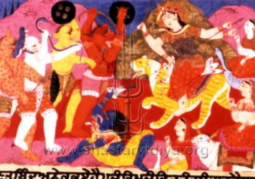 Sikh manuscript depicting Chandi (seated on Bagh, the leopard) engaged in battle with demons, Delhi Museum