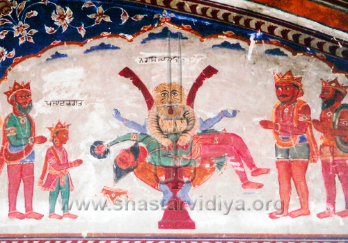 Narsingha depicted ripping apart the chest of Harnakasha, fresco, Narangabad, Punjab