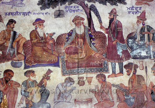 Imaginary meeting between Guru Machindernath, Guru Gorakhnath and Guru Nanak, fresco, Udasi Akhara, Punjab