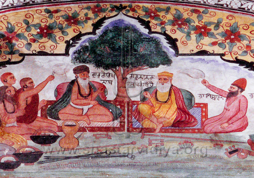 Imaginary meeting between 2 famous Punjabis - Guru Gorakhnath and Guru Nanak, fresco, Udasi Akhara, Punjab