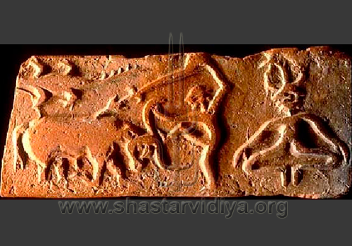 Pashupati and animal sacrfice - oldest known martial image in India, terracotta, Mohenjodaro, Indus Valley