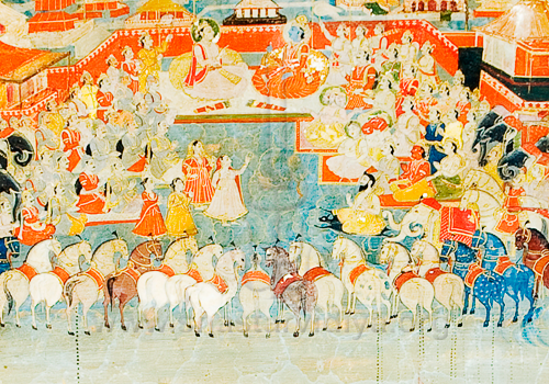 Krishna and Arjuna wtih their army, fresco, mid-19th century, Patila, Punjab