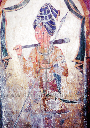 Bhujangi Singh (young Nihang Singh) depicted in a fresco, mid-19th century, Pothimala, Punjab