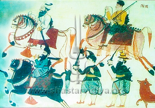 Akali Nihangs armed with a wide variety of weapons, mid 19th century, fresco, Punjab